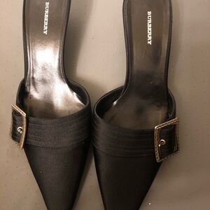 Burberry Black Satin Pointed Toe Slides / Pumps with Buckle size 8 (EU 38.5)